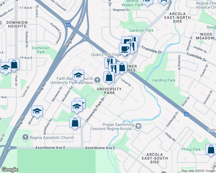 map of restaurants, bars, coffee shops, grocery stores, and more near 10 Michener Drive in Regina