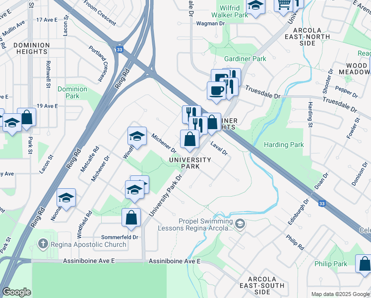 map of restaurants, bars, coffee shops, grocery stores, and more near in Regina