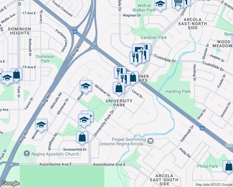 map of restaurants, bars, coffee shops, grocery stores, and more near in Regina