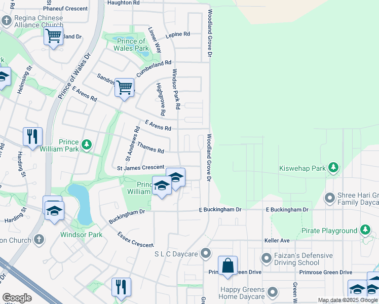 map of restaurants, bars, coffee shops, grocery stores, and more near Cranbourn Crescent in Regina
