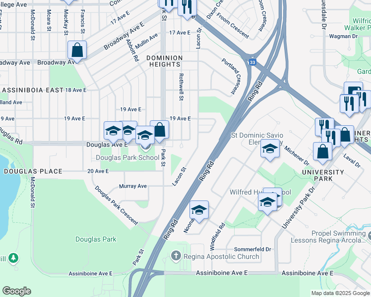 map of restaurants, bars, coffee shops, grocery stores, and more near 2925 Rothwell Street in Regina