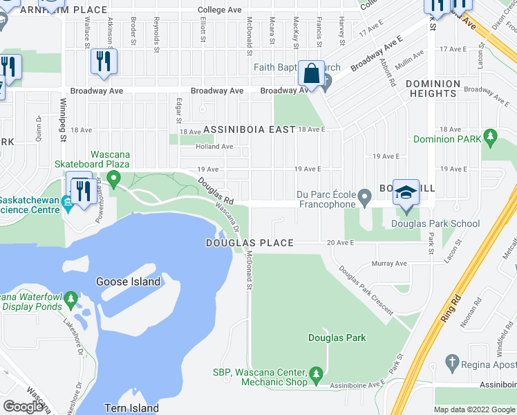 map of restaurants, bars, coffee shops, grocery stores, and more near 105 Douglas Avenue East in Regina