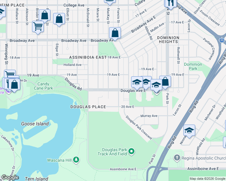 map of restaurants, bars, coffee shops, grocery stores, and more near in Regina