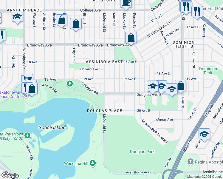 map of restaurants, bars, coffee shops, grocery stores, and more near 105 Douglas Avenue East in Regina