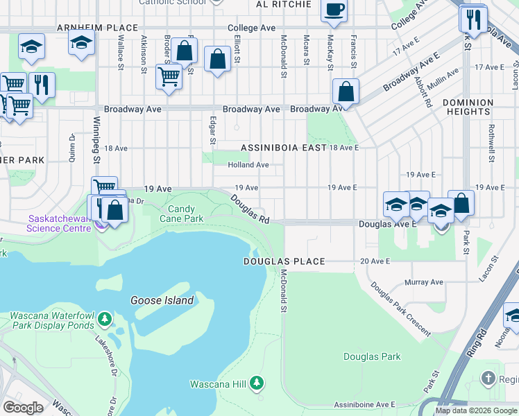 map of restaurants, bars, coffee shops, grocery stores, and more near Douglas Crescent in Regina