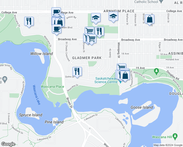 map of restaurants, bars, coffee shops, grocery stores, and more near 2931 Montreal Crescent in Regina