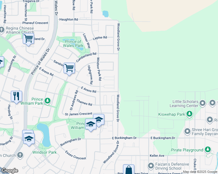 map of restaurants, bars, coffee shops, grocery stores, and more near Unnamed Road in Regina