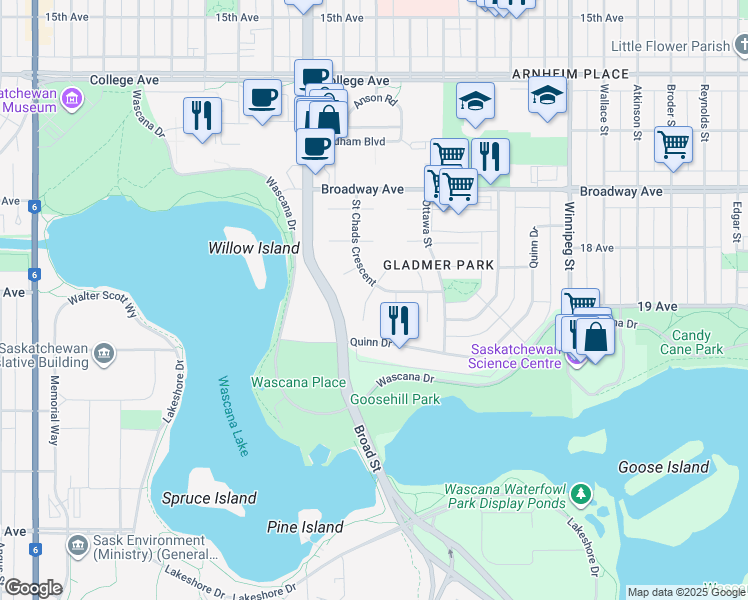 map of restaurants, bars, coffee shops, grocery stores, and more near 700 Gladmer Park in Regina