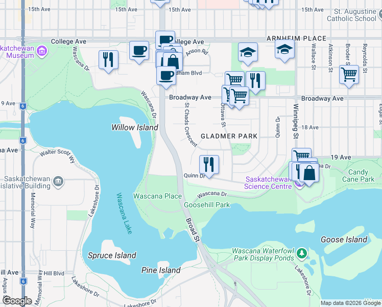 map of restaurants, bars, coffee shops, grocery stores, and more near 722 Gladmer Park in Regina