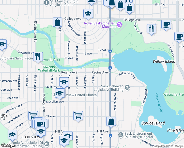 map of restaurants, bars, coffee shops, grocery stores, and more near 2801 Regina Avenue in Regina