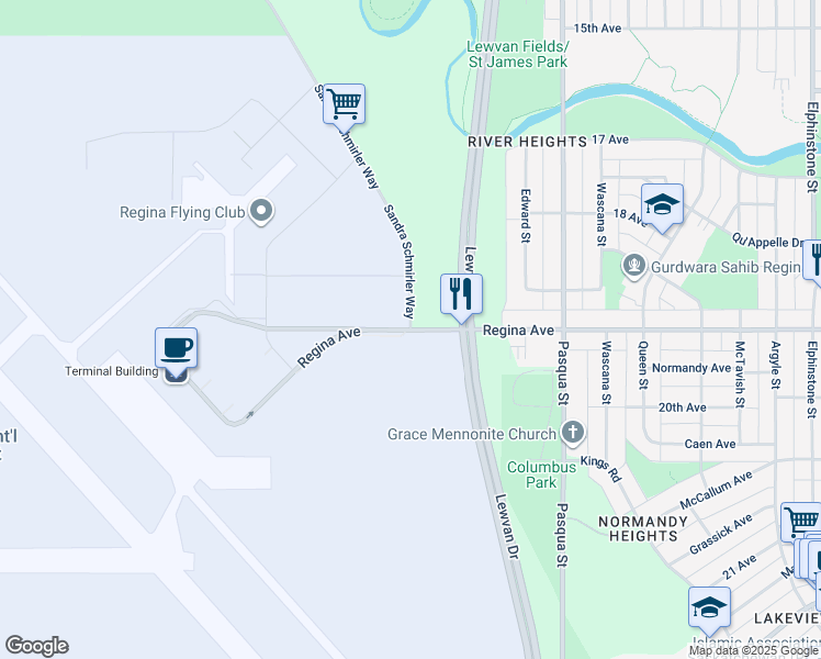 map of restaurants, bars, coffee shops, grocery stores, and more near 5501 Regina Avenue in Regina