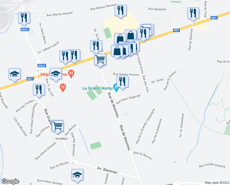 map of restaurants, bars, coffee shops, grocery stores, and more near 82 Rue Sainte-Louise in Boussu