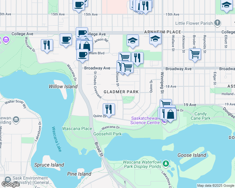 map of restaurants, bars, coffee shops, grocery stores, and more near 1021 Gladmer Park in Regina