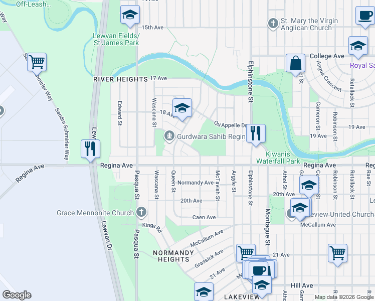 map of restaurants, bars, coffee shops, grocery stores, and more near 3821 Princess Drive in Regina