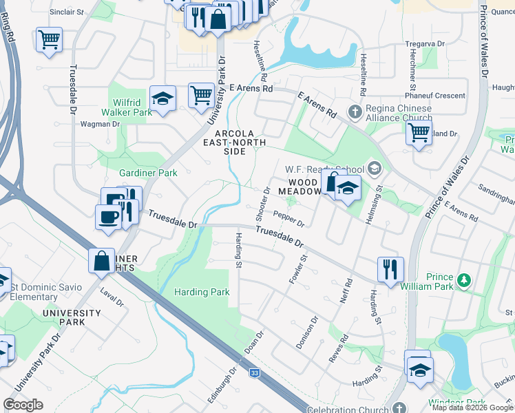 map of restaurants, bars, coffee shops, grocery stores, and more near 2502 Sures Bay in Regina