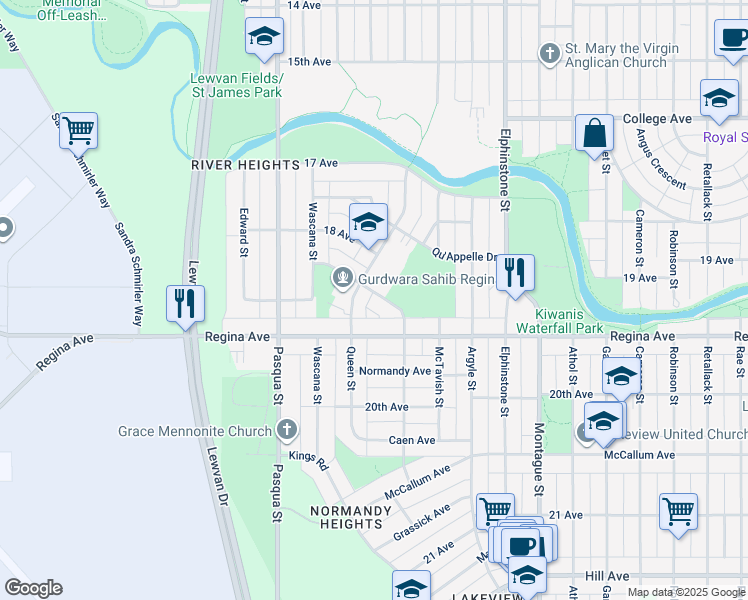 map of restaurants, bars, coffee shops, grocery stores, and more near 3821 Princess Drive in Regina