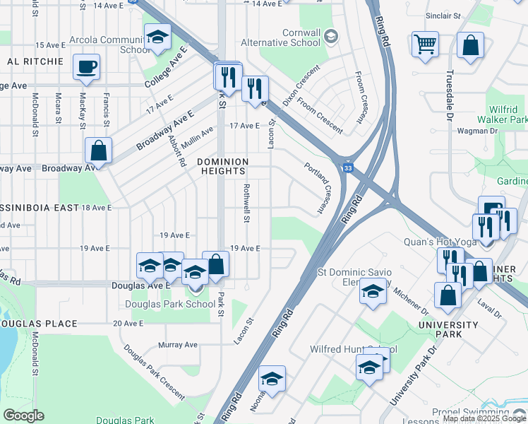map of restaurants, bars, coffee shops, grocery stores, and more near 2700 Lacon Street in Regina