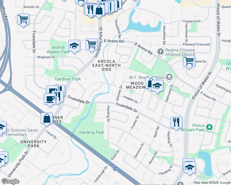 map of restaurants, bars, coffee shops, grocery stores, and more near 2502 Sures Bay in Regina