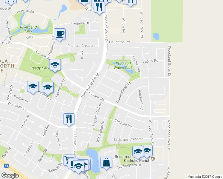 map of restaurants, bars, coffee shops, grocery stores, and more near 3537 Sandringham Road in Regina