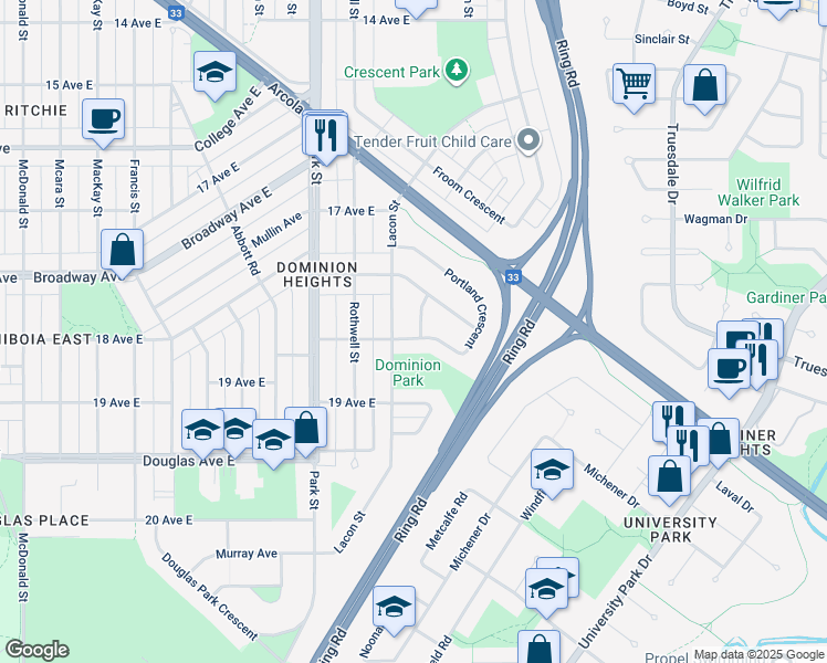 map of restaurants, bars, coffee shops, grocery stores, and more near 2644 Dominion Road in Regina