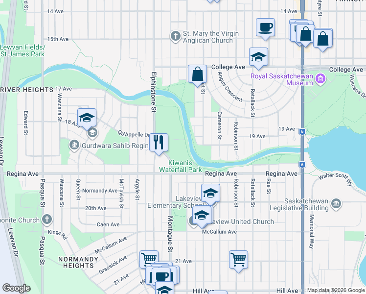 map of restaurants, bars, coffee shops, grocery stores, and more near 2755 Elphinstone Street in Regina