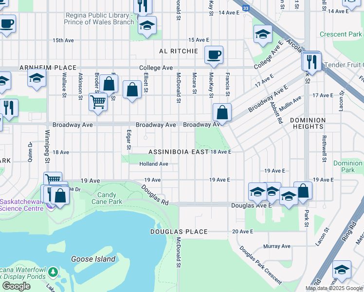 map of restaurants, bars, coffee shops, grocery stores, and more near 2665 McDonald Street in Regina