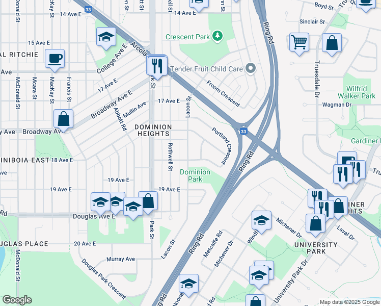 map of restaurants, bars, coffee shops, grocery stores, and more near 2657 Lacon Street in Regina