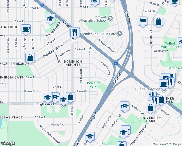 map of restaurants, bars, coffee shops, grocery stores, and more near 2647 Lacon Street in Regina