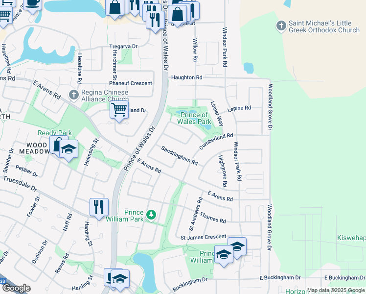 map of restaurants, bars, coffee shops, grocery stores, and more near 3537 Sandringham Road in Regina