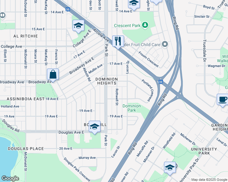 map of restaurants, bars, coffee shops, grocery stores, and more near 803 Broadway Avenue East in Regina