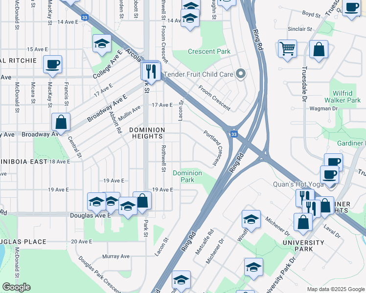 map of restaurants, bars, coffee shops, grocery stores, and more near 2637 Lacon Street in Regina