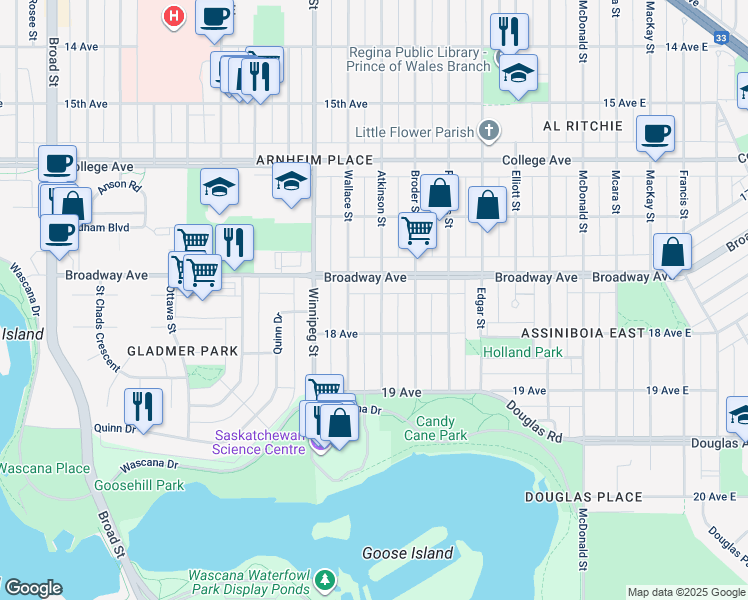 map of restaurants, bars, coffee shops, grocery stores, and more near 2630 Atkinson Street in Regina