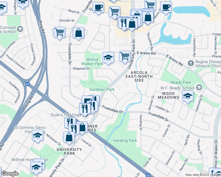 map of restaurants, bars, coffee shops, grocery stores, and more near 2102 Elderkin Drive in Regina