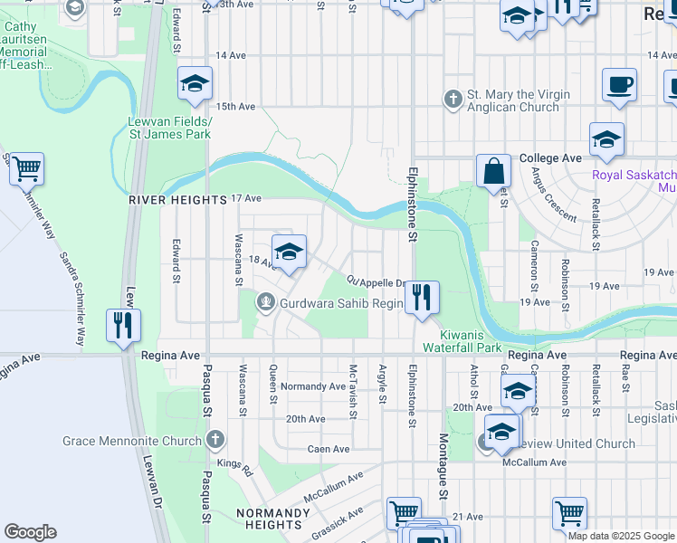 map of restaurants, bars, coffee shops, grocery stores, and more near 3720 Qu'Appelle Drive in Regina