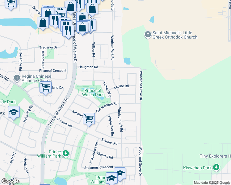 map of restaurants, bars, coffee shops, grocery stores, and more near 2546 Windsor Park Road in Regina
