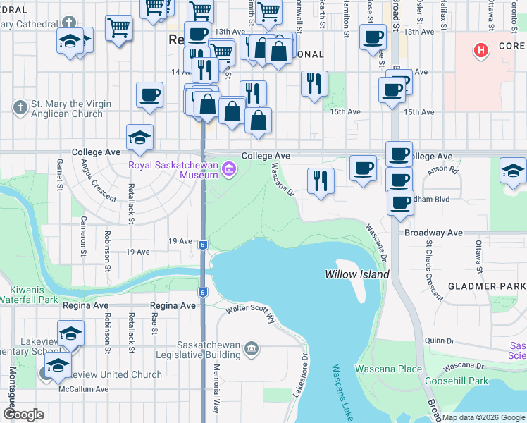 map of restaurants, bars, coffee shops, grocery stores, and more near 2900 Wascana Drive in Regina