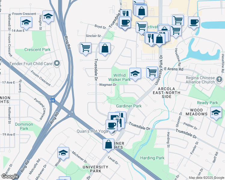 map of restaurants, bars, coffee shops, grocery stores, and more near 2539 Sturby Place in Regina