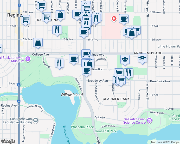 map of restaurants, bars, coffee shops, grocery stores, and more near 1715 Badham Boulevard in Regina