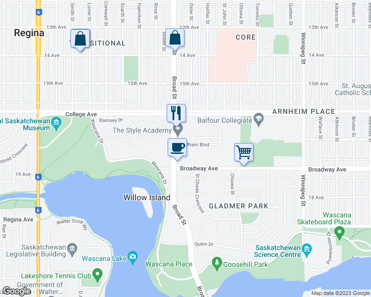 map of restaurants, bars, coffee shops, grocery stores, and more near 1719 Badham Boulevard in Regina