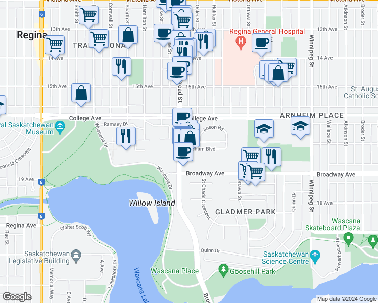 map of restaurants, bars, coffee shops, grocery stores, and more near 1719 Badham Boulevard in Regina