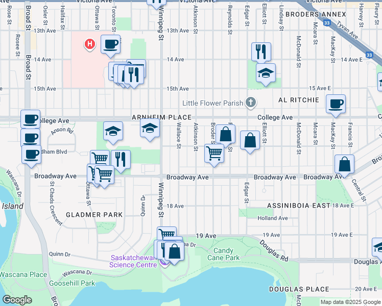 map of restaurants, bars, coffee shops, grocery stores, and more near in Regina
