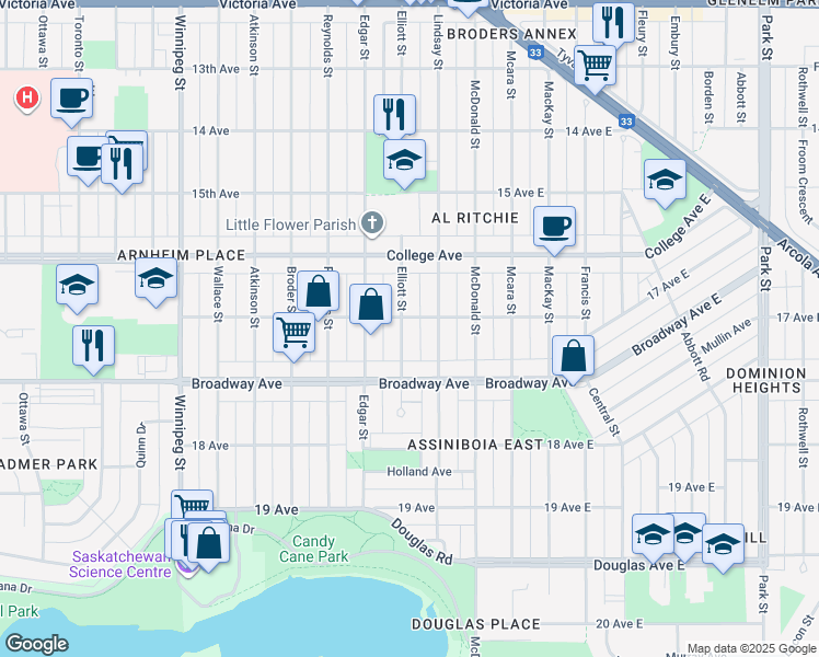 map of restaurants, bars, coffee shops, grocery stores, and more near 2513 Elliott Street in Regina