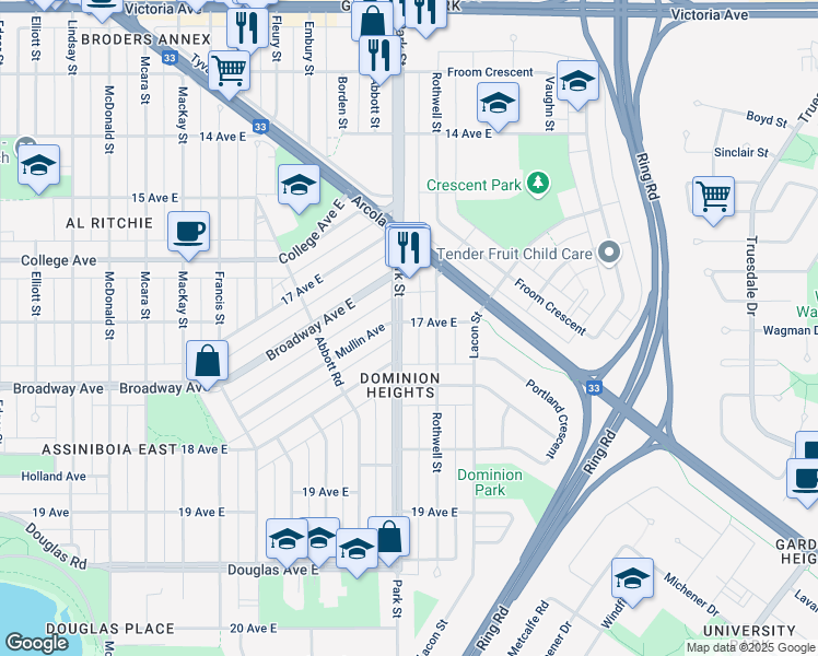 map of restaurants, bars, coffee shops, grocery stores, and more near 2501 Park Street in Regina