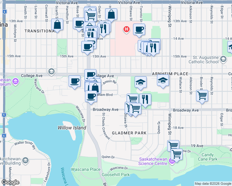 map of restaurants, bars, coffee shops, grocery stores, and more near 1602 Badham Boulevard in Regina