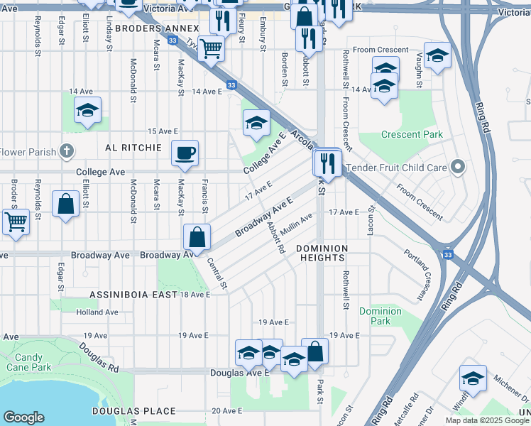 map of restaurants, bars, coffee shops, grocery stores, and more near 401 Broadway Avenue East in Regina