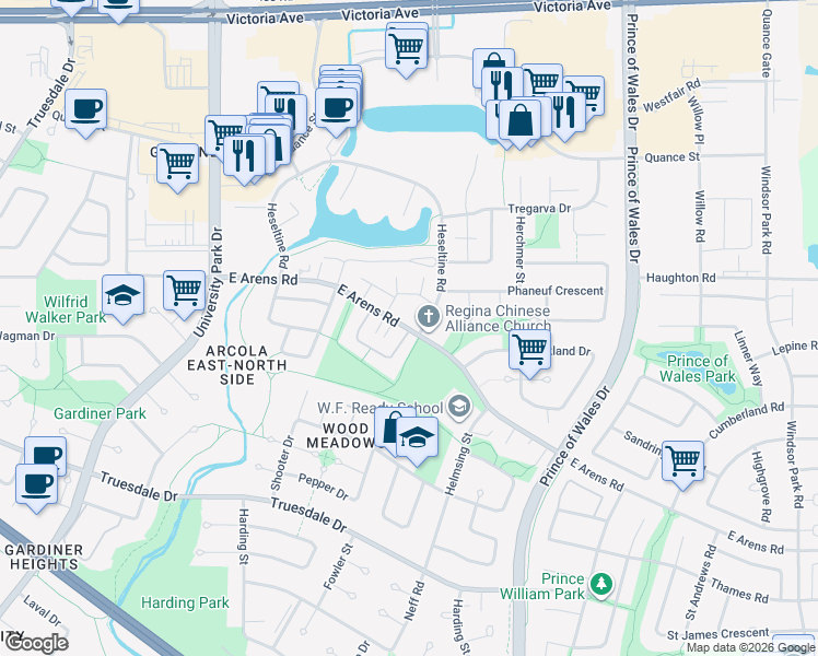 map of restaurants, bars, coffee shops, grocery stores, and more near in Regina