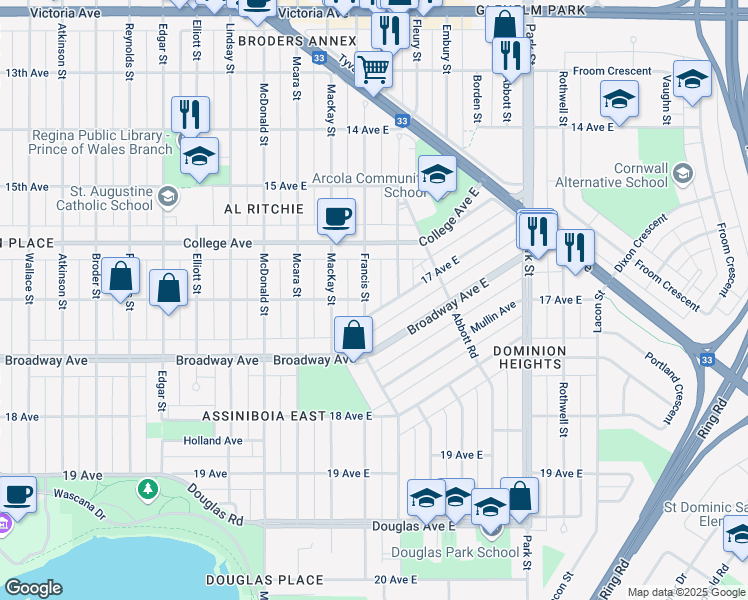map of restaurants, bars, coffee shops, grocery stores, and more near in Regina