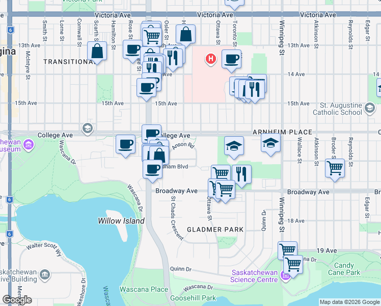 map of restaurants, bars, coffee shops, grocery stores, and more near 1602 Badham Boulevard in Regina