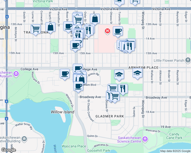 map of restaurants, bars, coffee shops, grocery stores, and more near in Regina