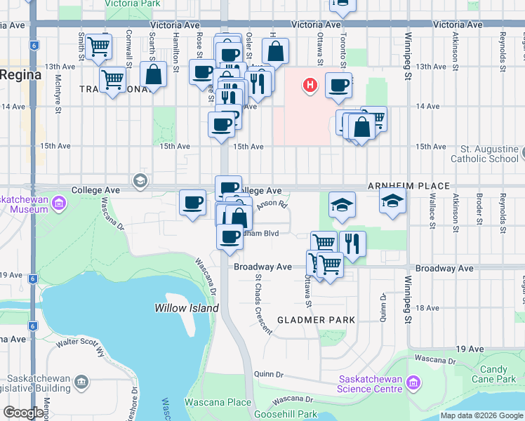 map of restaurants, bars, coffee shops, grocery stores, and more near 1547 Anson Road in Regina